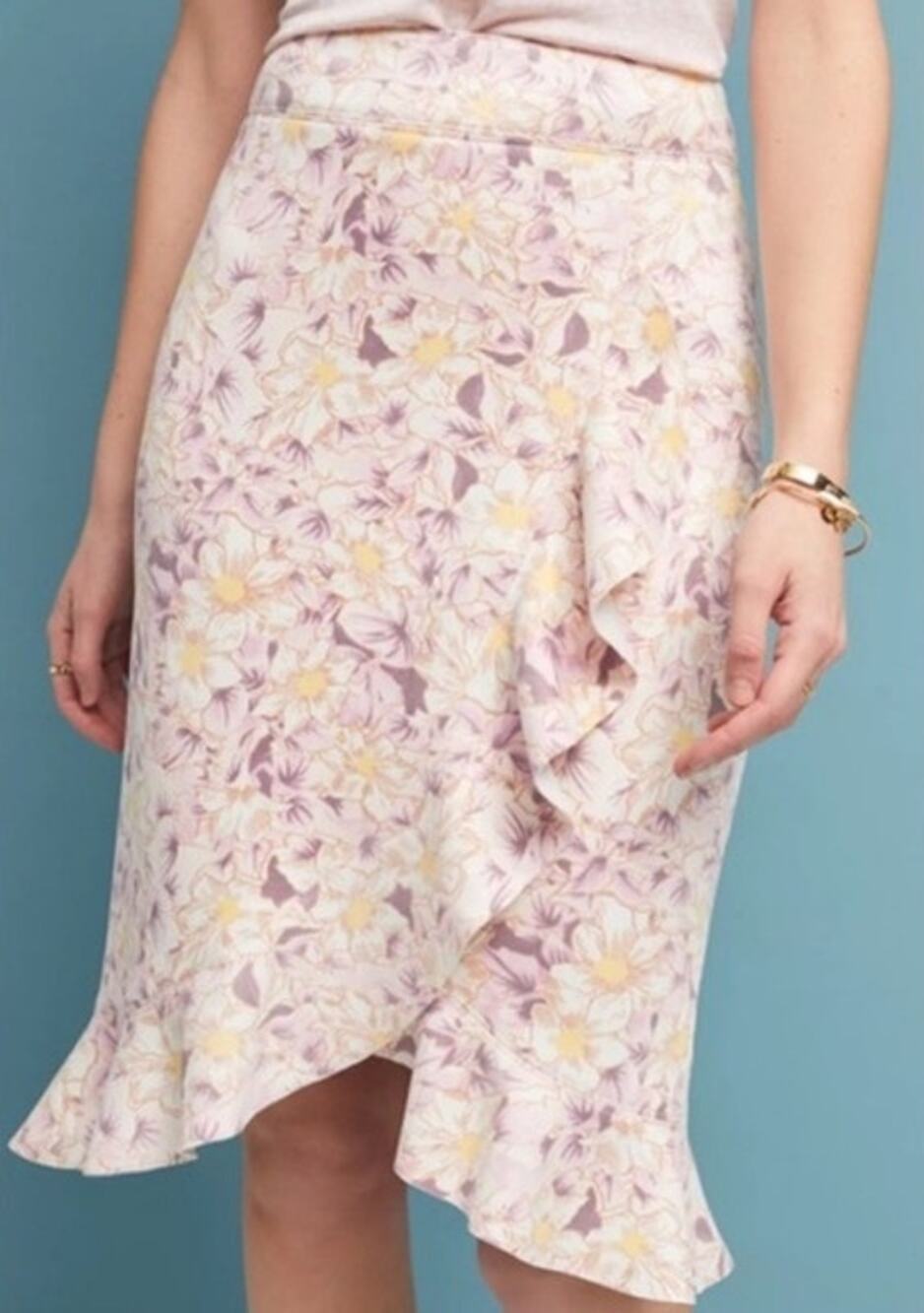 Anthropologie Skye Ruffled Floral Asymmetrical Pencil Midi Skirt Size 6